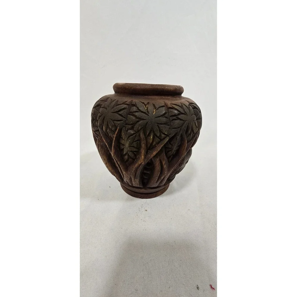 Vtg 1970s hand Carved Wooden Vessel Bowl Vase Elephants safari‎ jungle African
